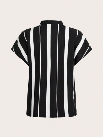 Clasi Women's Summer Casual Stand Collar Striped Color Block Shirt With Batwing Sleeves