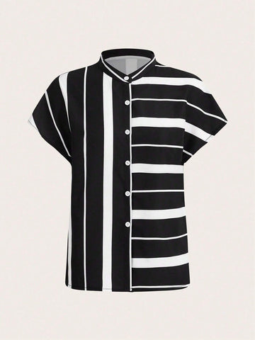 Clasi Women's Summer Casual Stand Collar Striped Color Block Shirt With Batwing Sleeves