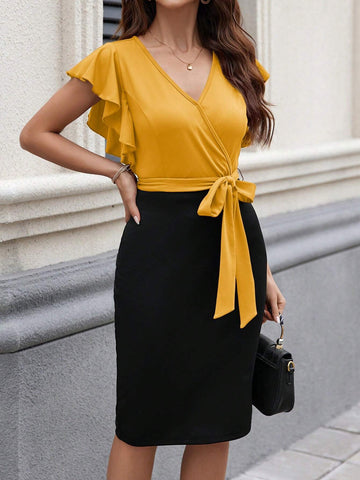 Women's Summer Colorblock V-Neck Cap Sleeve A-Line Elegant Dress