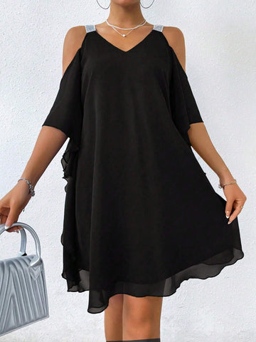 Women's Summer Contrast Mesh Open Shoulder Loose Casual Straight Dress