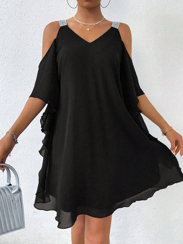 Women's Summer Contrast Mesh Open Shoulder Loose Casual Straight Dress