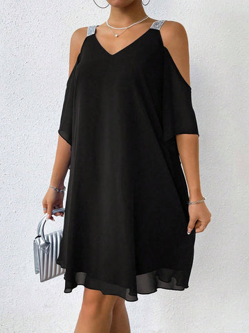 Women's Summer Contrast Mesh Open Shoulder Loose Casual Straight Dress