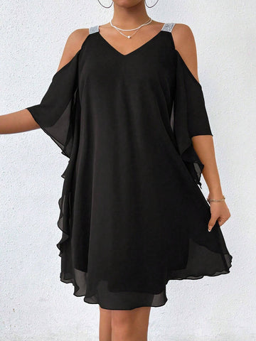 Women's Summer Contrast Mesh Open Shoulder Loose Casual Straight Dress