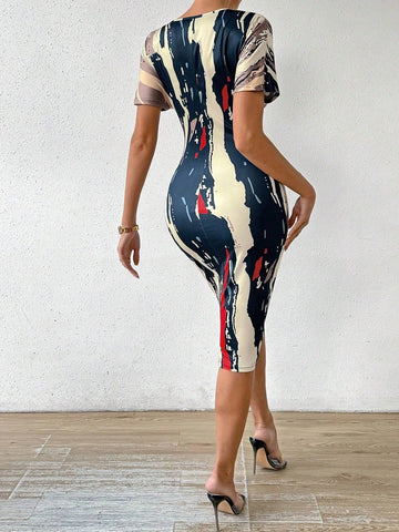 Women's Summer Deep V-Neck Batwing Sleeve Allover Printed Bodycon Elegant Dress