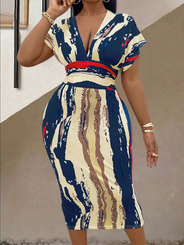 Women's Summer Deep V-Neck Batwing Sleeve Allover Printed Bodycon Elegant Dress
