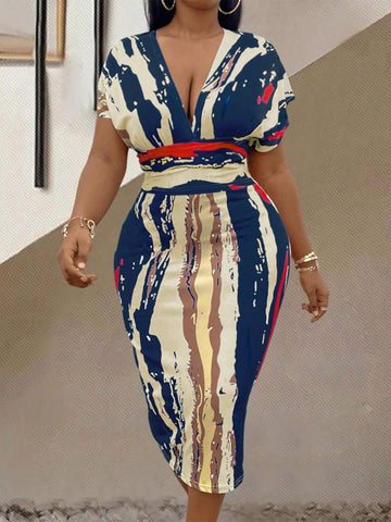 Women's Summer Deep V-Neck Batwing Sleeve Allover Printed Bodycon Elegant Dress