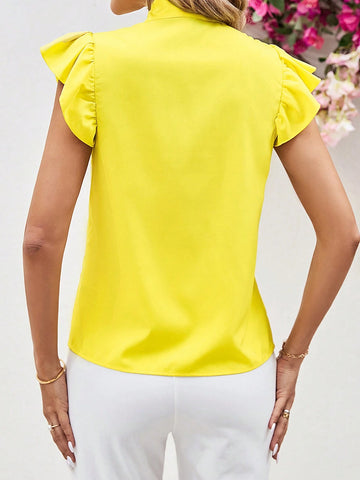 Clasi Women's Summer Elegant Bowknot Strap Flutter Sleeve Yellow Blouse
