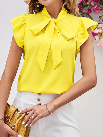 Clasi Women's Summer Elegant Bowknot Strap Flutter Sleeve Yellow Blouse