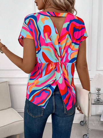 Clasi Women's Summer Elegant Colorful All-Over Print Twisted Back Cut-Out Pride Blouse .