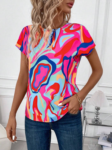 Clasi Women's Summer Elegant Colorful All-Over Print Twisted Back Cut-Out Pride Blouse .