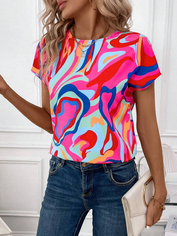 Clasi Women's Summer Elegant Colorful All-Over Print Twisted Back Cut-Out Pride Blouse .