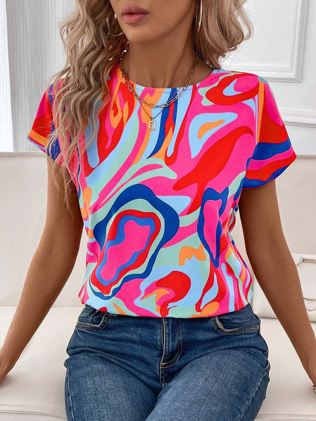 Clasi Women's Summer Elegant Colorful All-Over Print Twisted Back Cut-Out Pride Blouse .
