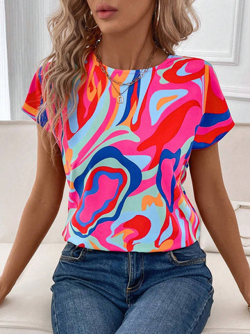 Clasi Women's Summer Elegant Colorful All-Over Print Twisted Back Cut-Out Pride Blouse .