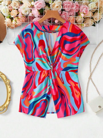 Clasi Women's Summer Elegant Colorful All-Over Print Twisted Back Cut-Out Pride Blouse .