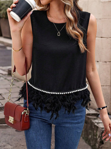 Clasi Women's Summer Fashion Feather Patchwork Faux Pearl Embellished Sleeveless Blouse