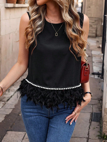Clasi Women's Summer Fashion Feather Patchwork Faux Pearl Embellished Sleeveless Blouse