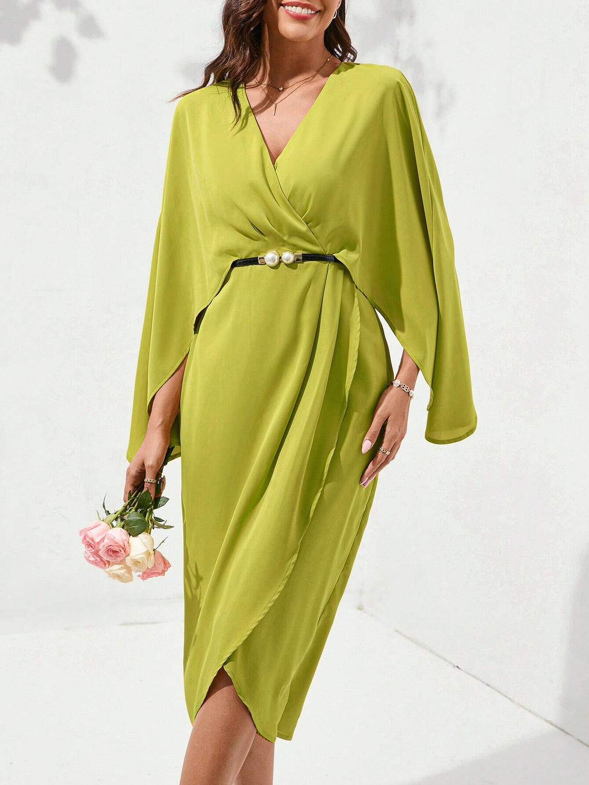 Women's Summer Fashion Solid Color V-Neck Cloak Sleeve Wrap Dress