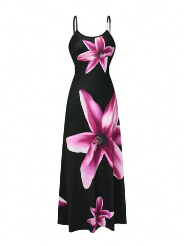 Women's Summer Floral Printed Long Elegant Spaghetti Strap Dress