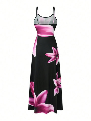 Women's Summer Floral Printed Long Elegant Spaghetti Strap Dress