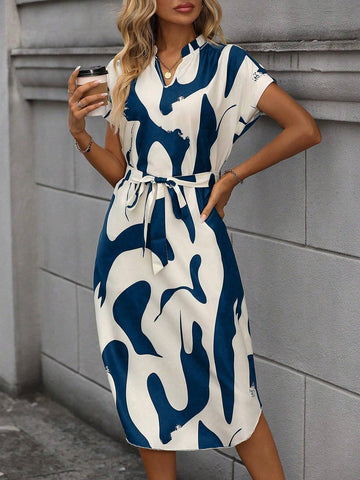 Women's Summer Geometric Print Notch V-Neck Short Sleeve Straight Elegant Dress