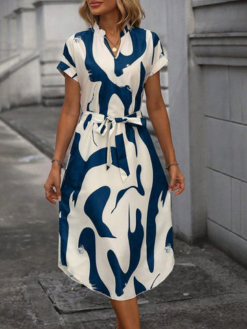 Women's Summer Geometric Print Notch V-Neck Short Sleeve Straight Elegant Dress