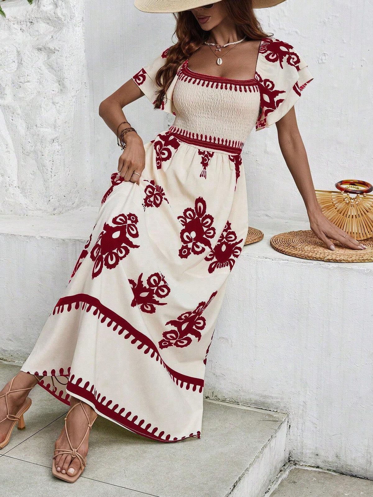 Women's Summer Holiday Flora Printed Wrap Square Neck Ruffled Short Sleeves Dress (Random Print)