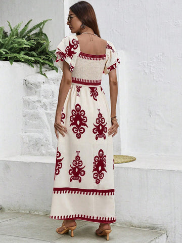 Women's Summer Holiday Flora Printed Wrap Square Neck Ruffled Short Sleeves Dress (Random Print)