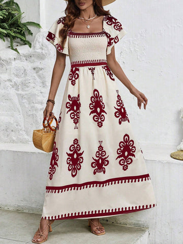 Women's Summer Holiday Flora Printed Wrap Square Neck Ruffled Short Sleeves Dress (Random Print)