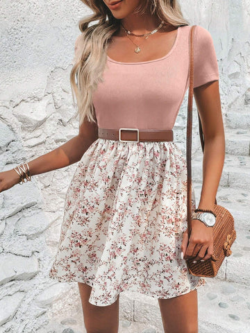 Women's Summer Holiday Patchwork Ditsy Floral Round Neck Short Sleeve Casual Dress