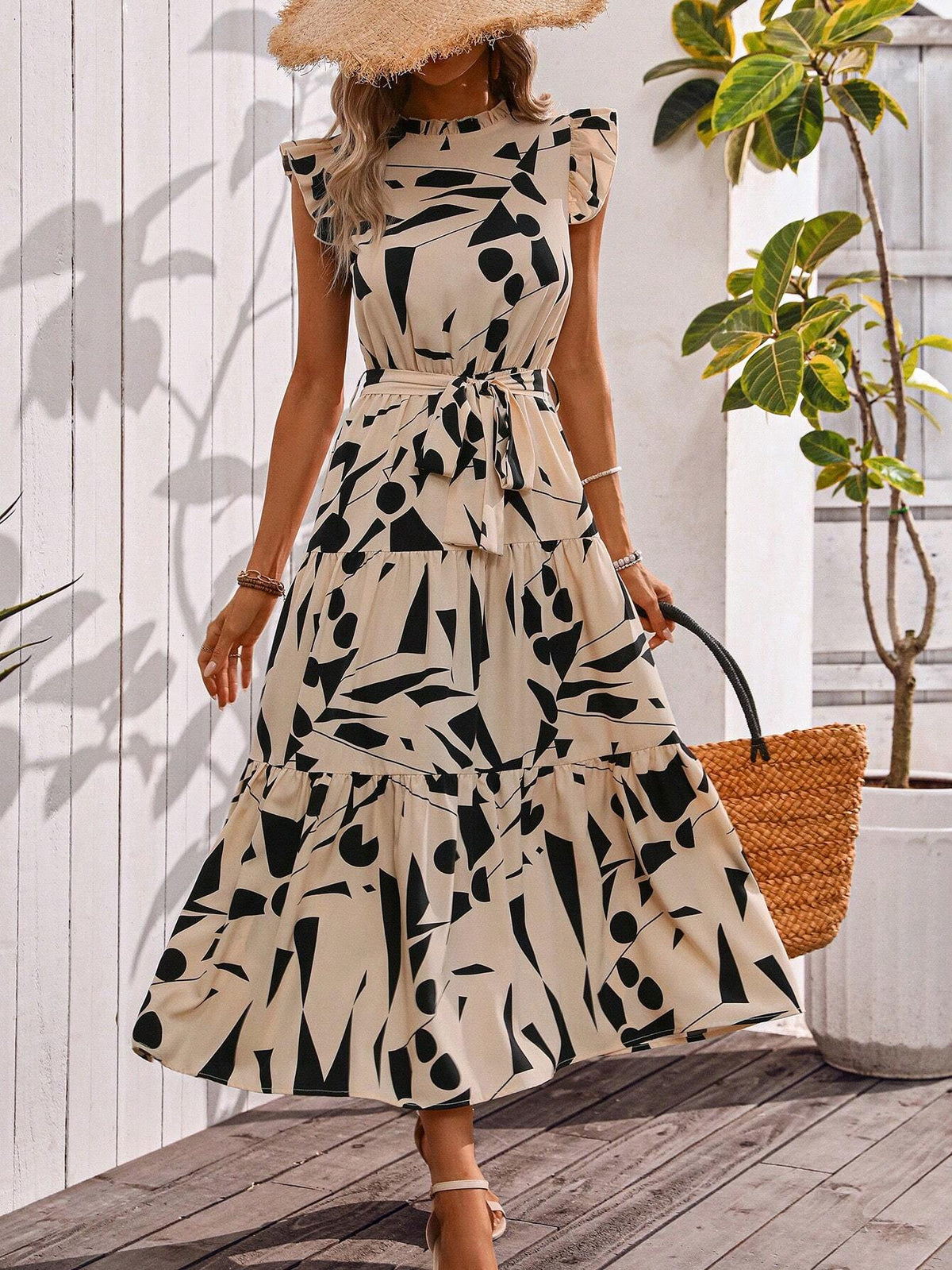 Women's Summer Holiday Plant Printed Stand Collar Ruffle Trim Cap Sleeve Elegant Dress