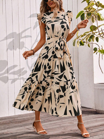 Women's Summer Holiday Plant Printed Stand Collar Ruffle Trim Cap Sleeve Elegant Dress