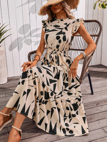 Women's Summer Holiday Plant Printed Stand Collar Ruffle Trim Cap Sleeve Elegant Dress