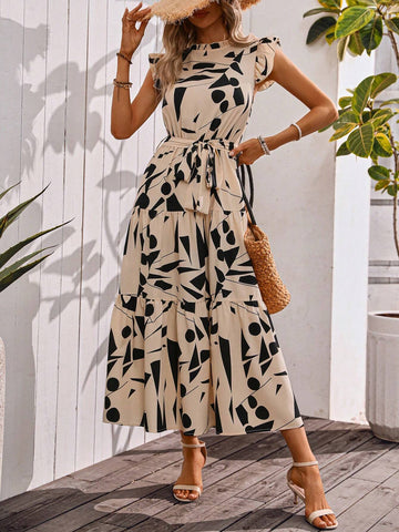 Women's Summer Holiday Plant Printed Stand Collar Ruffle Trim Cap Sleeve Elegant Dress