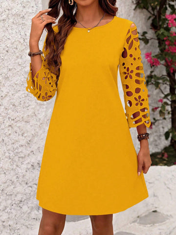 Women's Summer Hollow Out Short Sleeve Midi Dress With Straight Cut