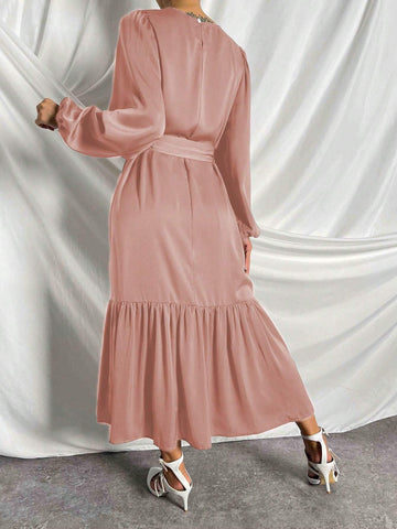 Women's Summer Long Sleeve Self-Tie Ruffle Dress