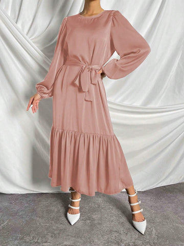 Women's Summer Long Sleeve Self-Tie Ruffle Dress