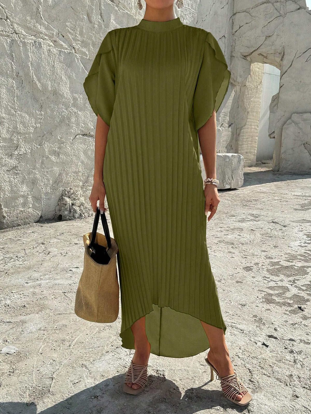 Women's Summer Mock Neck Loose Fit High-Low Pleated Dress