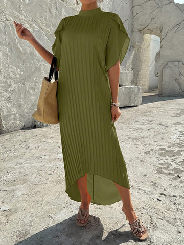 Women's Summer Mock Neck Loose Fit High-Low Pleated Dress