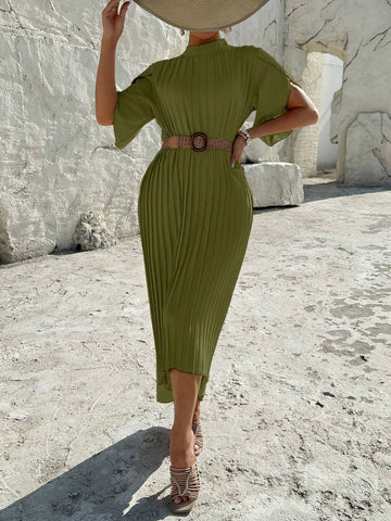 Women's Summer Mock Neck Loose Fit High-Low Pleated Dress