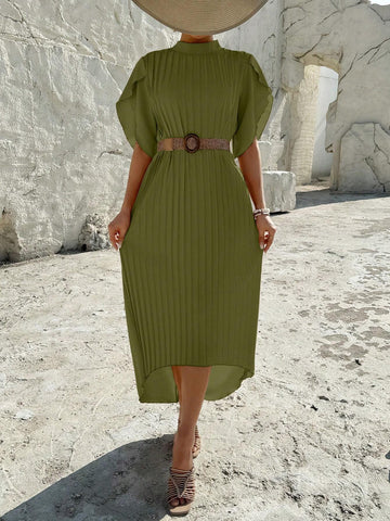 Women's Summer Mock Neck Loose Fit High-Low Pleated Dress