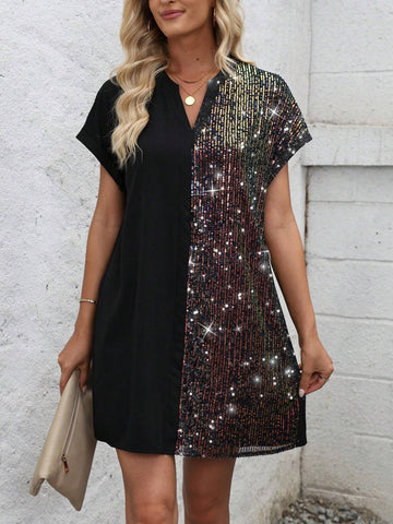 Women's Summer Notched V-Neck Batwing Sleeve Dress Embellished With Beads