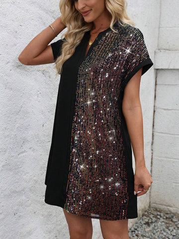 Women's Summer Notched V-Neck Batwing Sleeve Dress Embellished With Beads