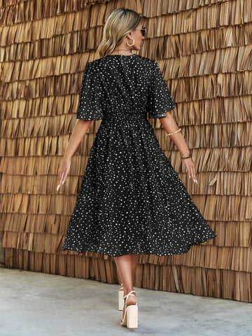 Women's Summer Polka Dot Printed Ruffled Short Sleeve Wrap Waist Maxi Dress