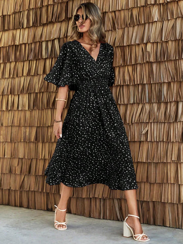Women's Summer Polka Dot Printed Ruffled Short Sleeve Wrap Waist Maxi Dress