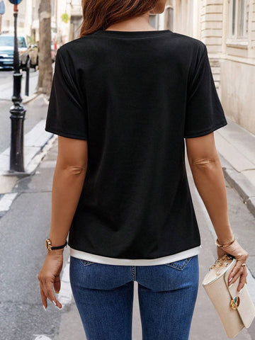 Clasi Women's Summer Round Neck Short Sleeve Casual T-Shirt With Hem Slit