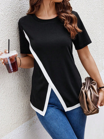 Clasi Women's Summer Round Neck Short Sleeve Casual T-Shirt With Hem Slit