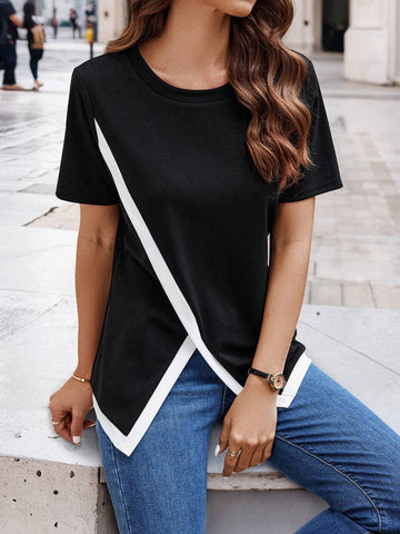 Clasi Women's Summer Round Neck Short Sleeve Casual T-Shirt With Hem Slit