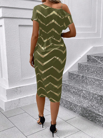 Women's Summer Short Sleeve Oblique-Shoulder Chevron Print Twist Front Dress