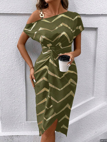 Women's Summer Short Sleeve Oblique-Shoulder Chevron Print Twist Front Dress
