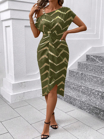 Women's Summer Short Sleeve Oblique-Shoulder Chevron Print Twist Front Dress